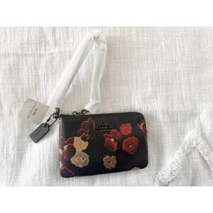 Coach | NWT Floral Print Wristlet Black Leather Zip Pouch